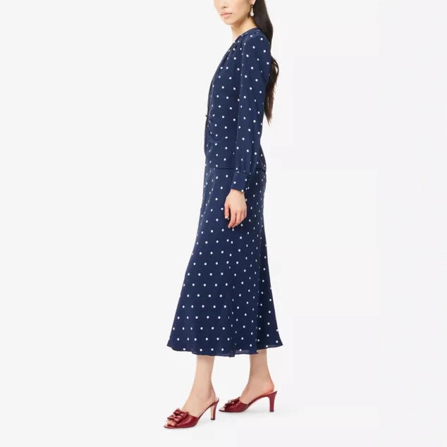 Women's midi dress with polka dot print, deep V-neck, wrap ruching, and long sleeves Drune