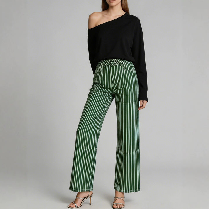Ladies wide High-Waist Palazzo pants with vertical stripe design and quilted knee areas Mune Fashion