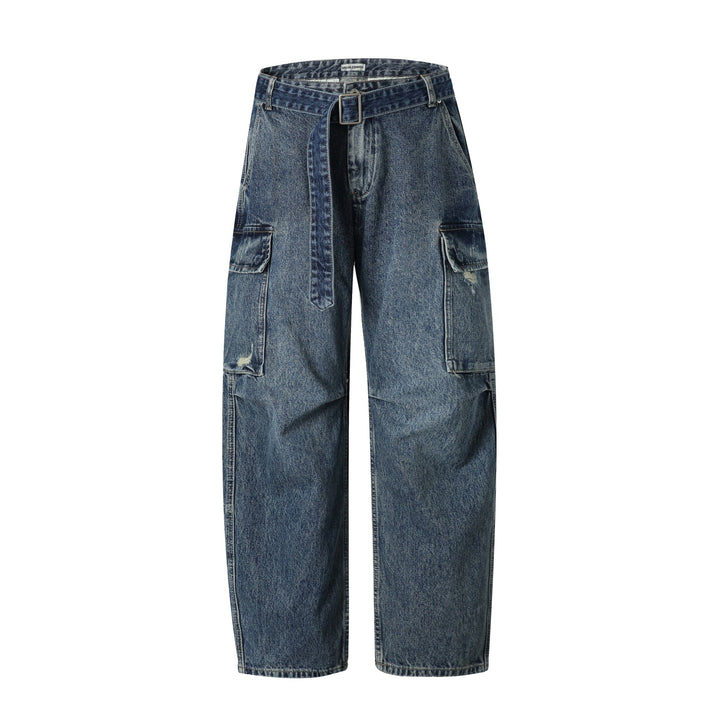 Women's High-Waisted Cargo Jeans with Belt, Loose Fit and Used Look Mune Fashion