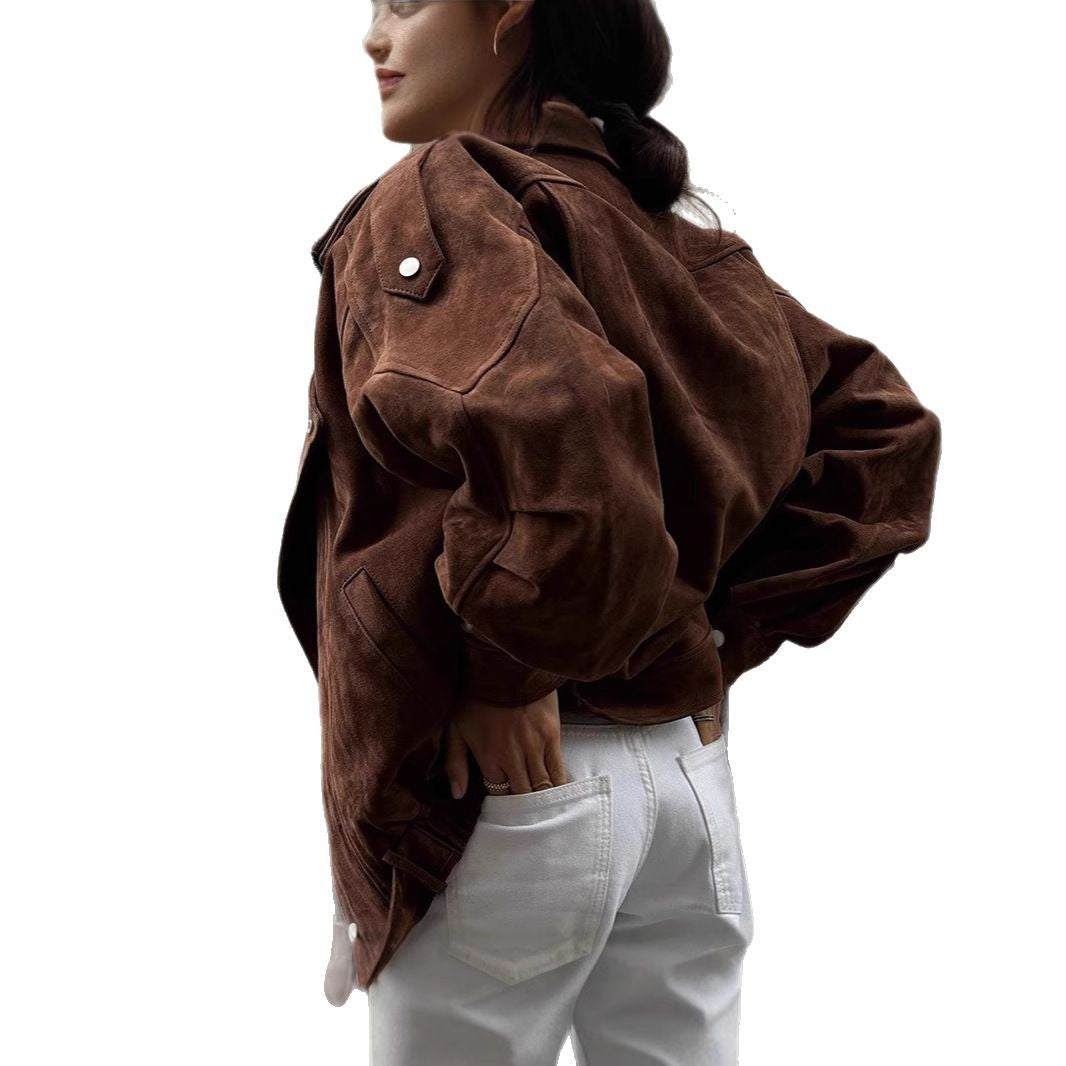 Women Oversized Suede Bomber Jacket with Waist Belt and Shawl Collar Mune Fashion