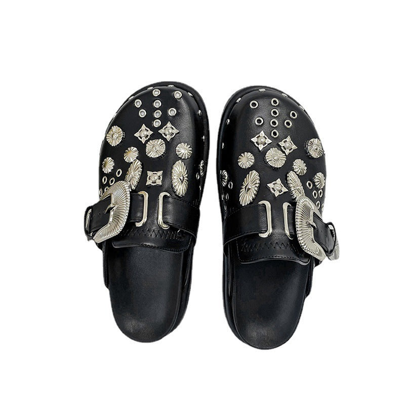 Ladies' embellished slip-on clogs with metallic conchos, large decorative buckle, and ergonomic footbed Mune Fashion