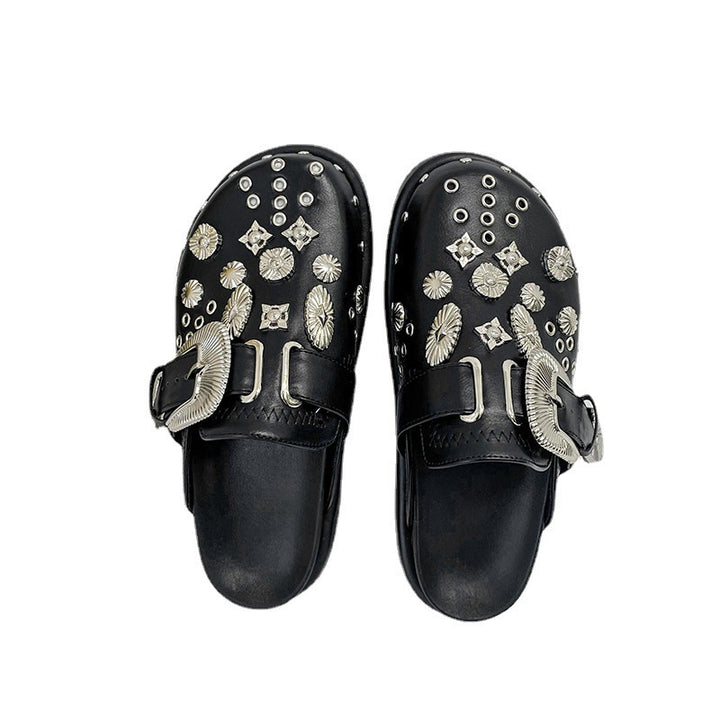 Ladies' embellished slip-on clogs with metallic conchos, large decorative buckle, and ergonomic footbed Mune Fashion