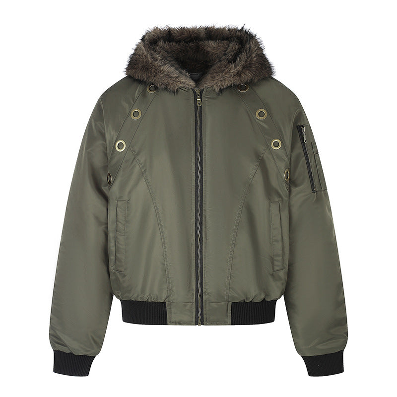 Women's short-cut bomber jacket with faux fur hood and eyelet application Mune Fashion