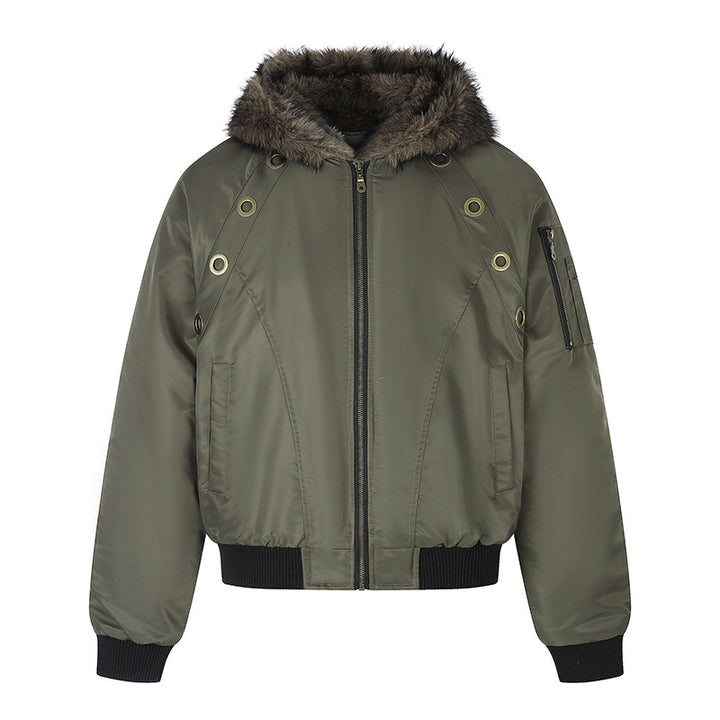 Women's short-cut bomber jacket with faux fur hood and eyelet application Mune Fashion