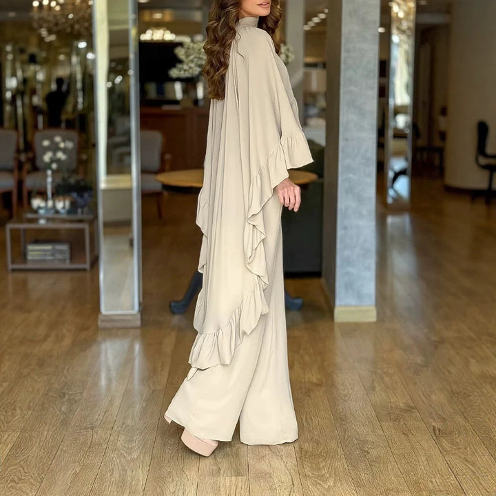 Women's Elegant Jumpsuit with Cape Ruffle and Wide Palazzo Pants Leg Drune