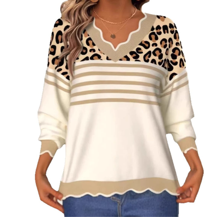 Ladies Stylish V-Neck Sweater with Leopard Print