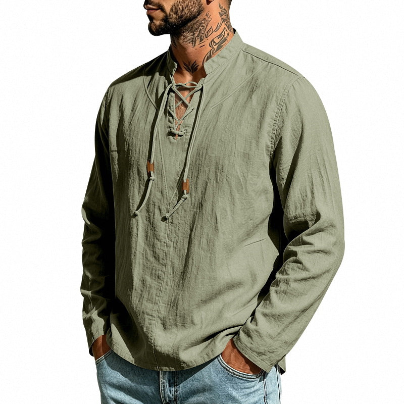 Men's linen shirt with stand-up collar and lacing Mune Fashion