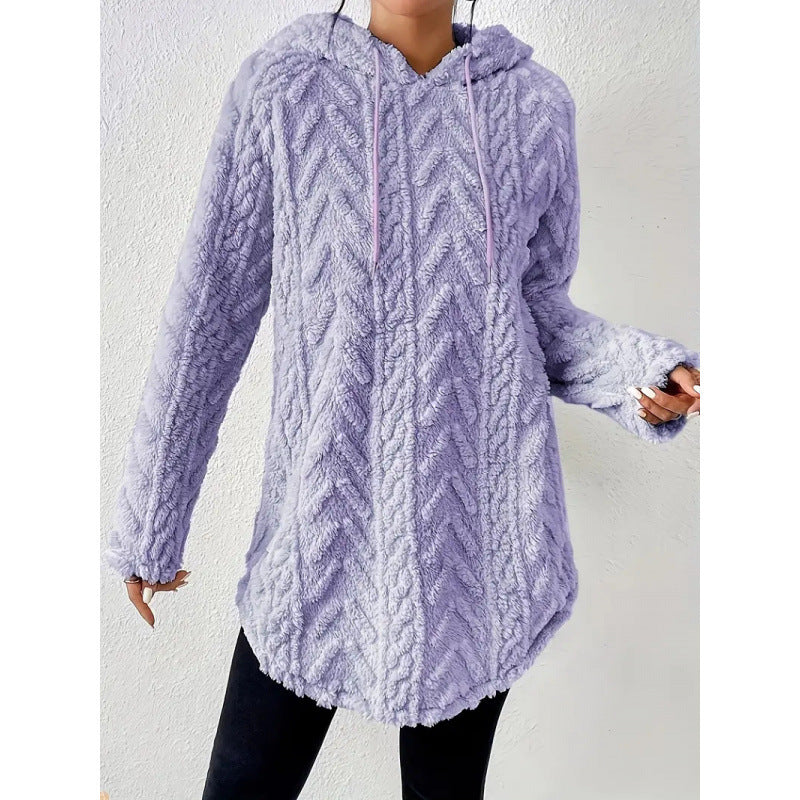 Women Cozy Teddy Hoodie with Cable Knit Pattern Drawstring and Rounded Hem Mune Fashion