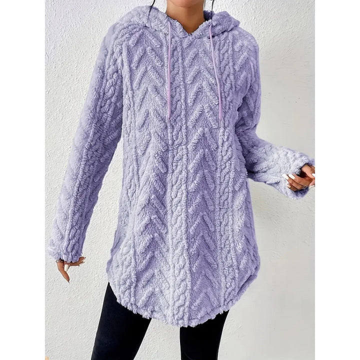 Women Cozy Teddy Hoodie with Cable Knit Pattern Drawstring and Rounded Hem Mune Fashion