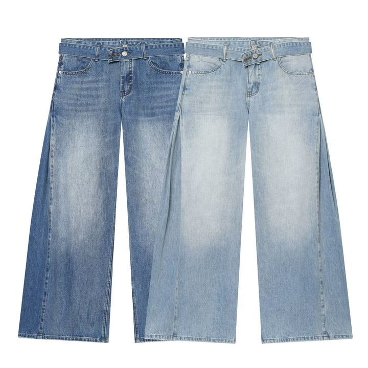 Women's Wide High-Waist Jeans with Decorative Belt and Side Insert Stripes Mune Fashion