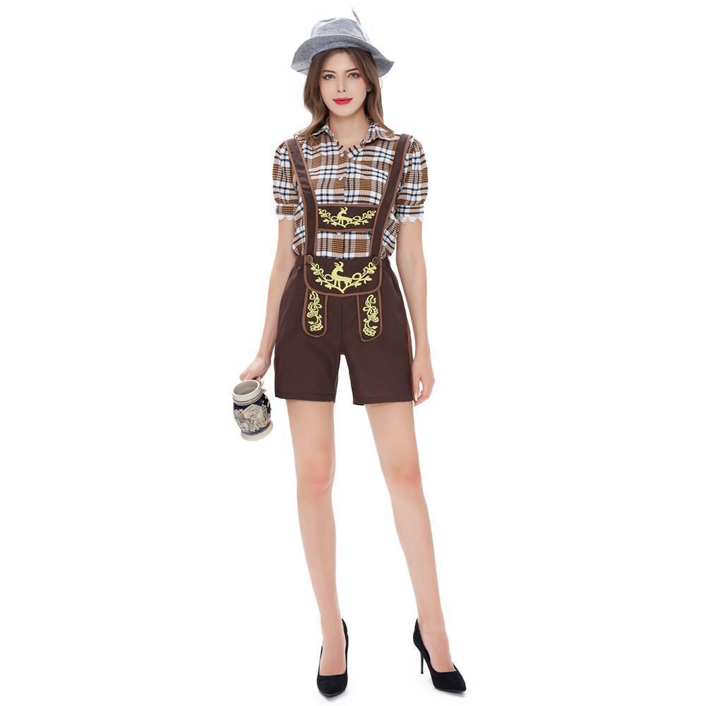 Ladies' short traditional suspenders with embroidered straps and checkered blouse set Mune Fashion