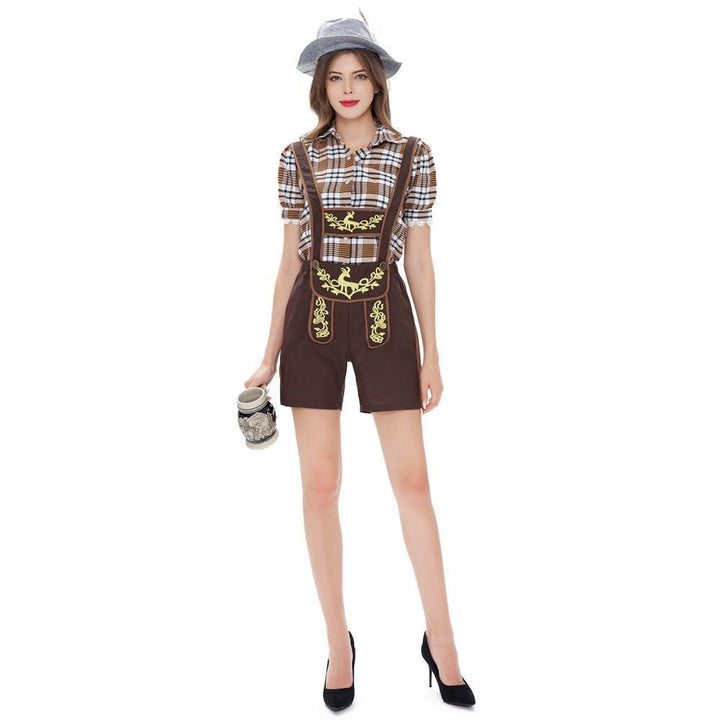 Ladies' short traditional suspenders with embroidered straps and checkered blouse set Mune Fashion