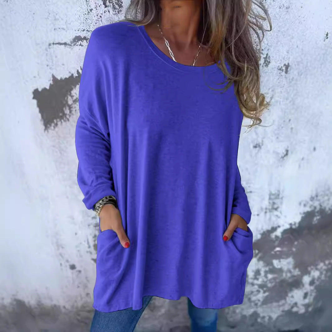 Ladies Soft Oversize Long Shirt with Round Neck, Casual Sleeves and Side Pockets Mune Fashion