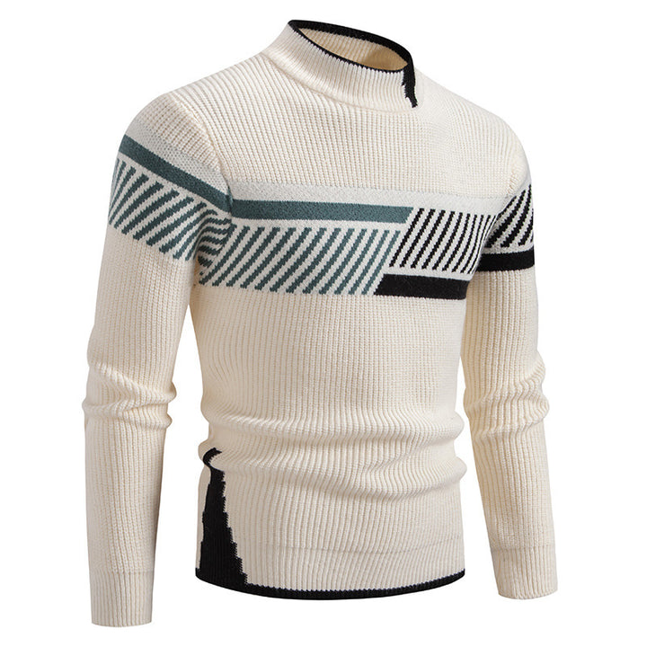 Men's fine ribbed knitted pullover with stand-up collar and contrast block design Mune Fashion