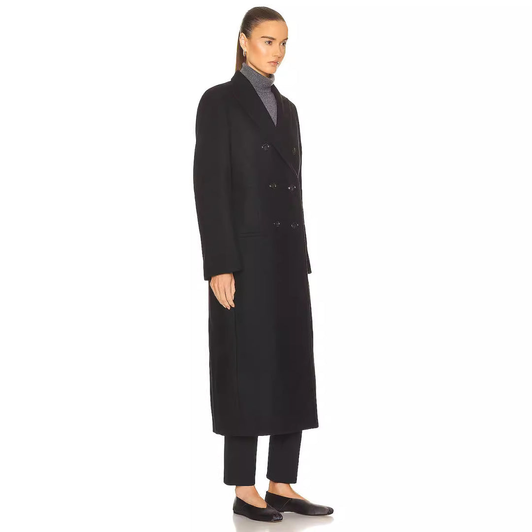 Women Maxi Length Double Breasted Wool Blend Long Coat with Tailored Finish Mune Fashion