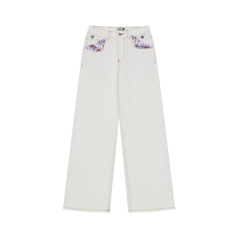 Women Loose High-Waist Jeans in Palazzo Cut with Decorative Stitching and Floral Pocket Lining Mune Fashion