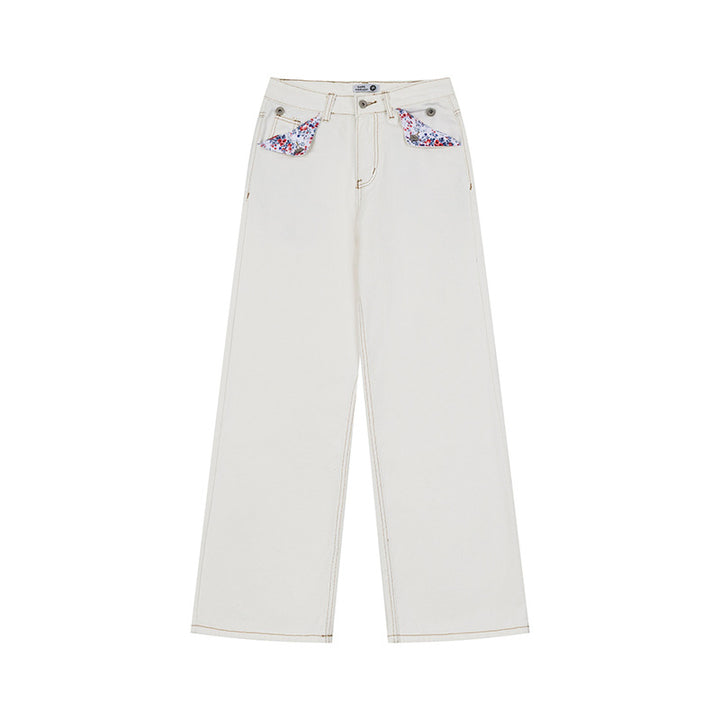 Women Loose High-Waist Jeans in Palazzo Cut with Decorative Stitching and Floral Pocket Lining Mune Fashion