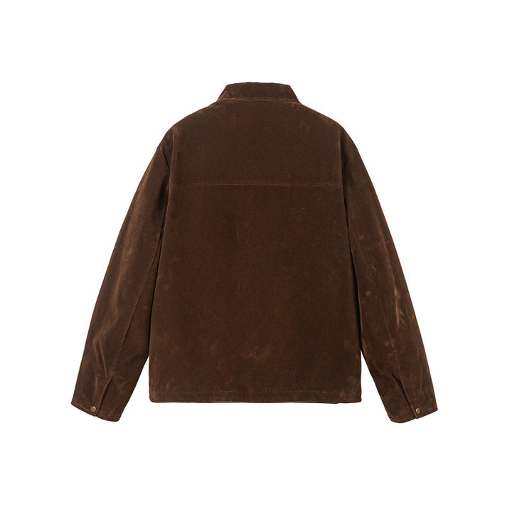 Men's short jacket made of suede look with decorative shoulder buckles and concealed zipper Mune Fashion