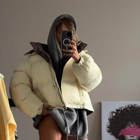 Women's Short Oversized Padded Jacket with High Collar and Quilted Lining Mune Fashion