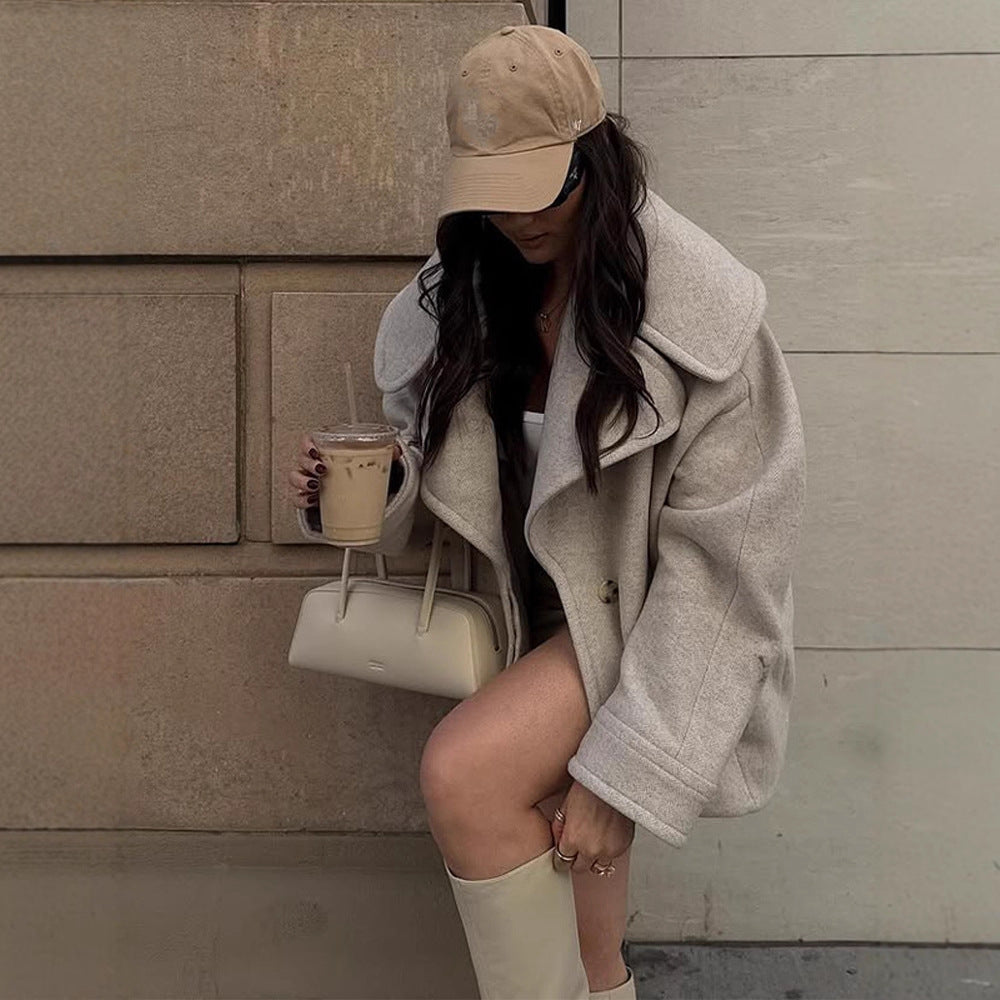Womens Oversize Wool Blend Short Coat with Large Revere and Boxy Cut Mune Fashion
