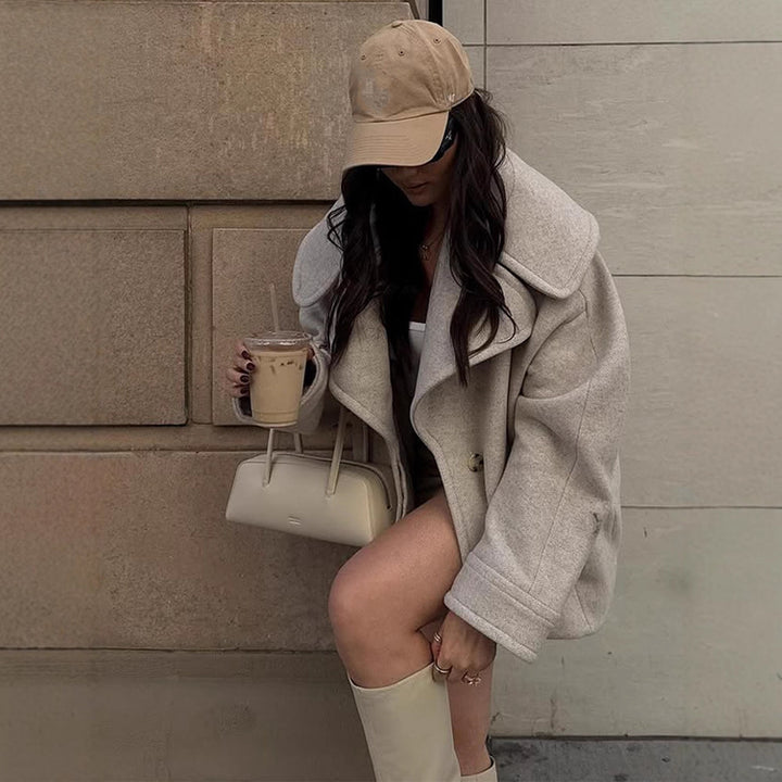Womens Oversize Wool Blend Short Coat with Large Revere and Boxy Cut Mune Fashion