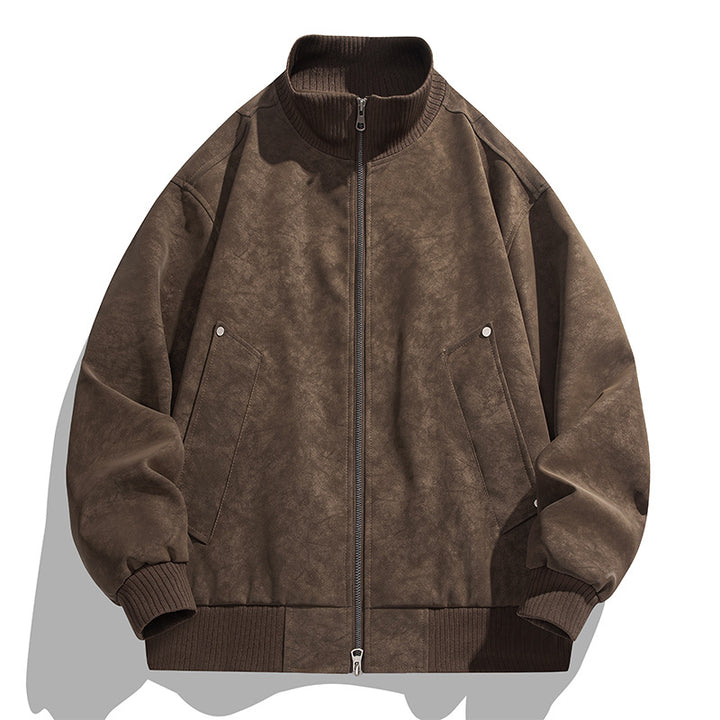 Men's Oversized Suede Look Bomber Jacket with Stand-Up Collar and Ribbed Cuffs Mune Fashion