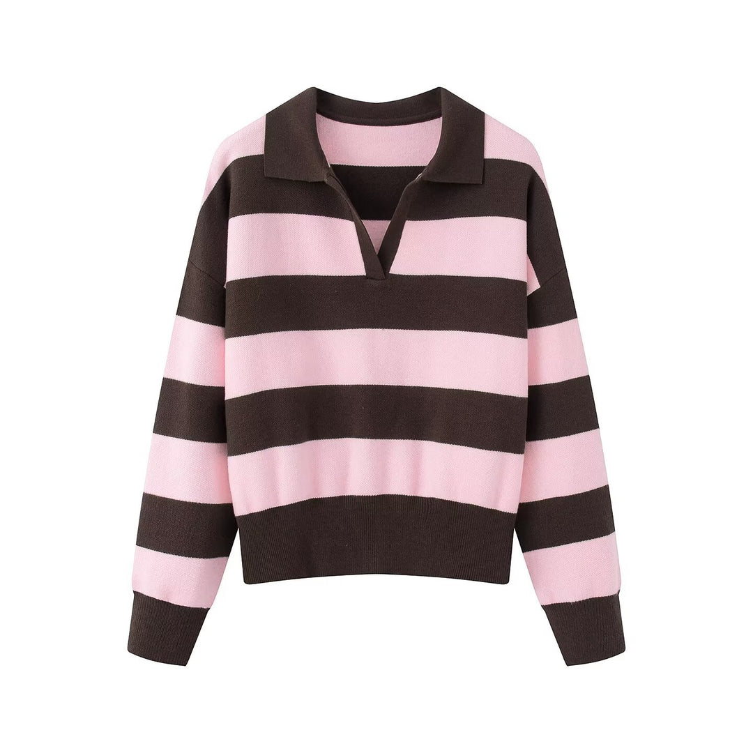Women Striped Rugby Polo Sweater with V-Notch and Cropped Hem Mune Fashion