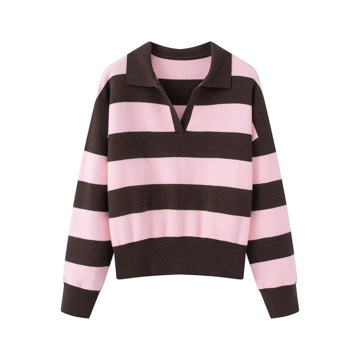 Women Striped Rugby Polo Sweater with V-Notch and Cropped Hem Mune Fashion
