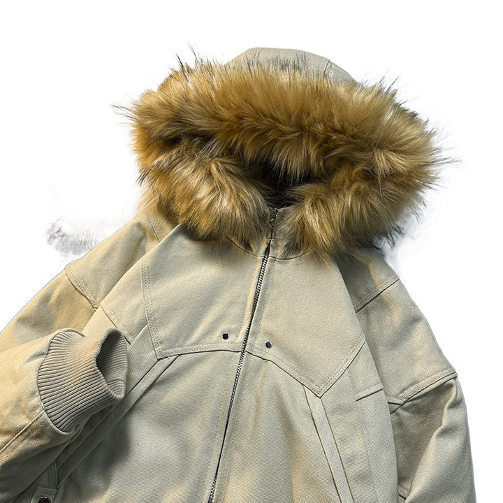 Unisex Quilted Bomber Jacket with Large Hood and Faux Fur Trim Mune Fashion