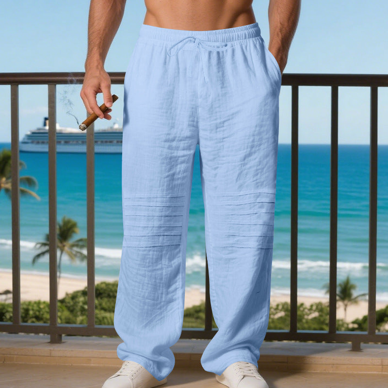 Men's loose linen jogging pants with elastic drawstring waistband, side pockets and padded knee sections Mune Fashion