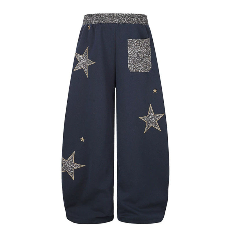 Women's Extra Wide Palazzo Sweatpants with Leo Waist, Star Appliqués and Drawstring Mune Fashion