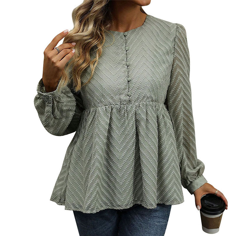Women's Chiffon Peplum Blouse with Chevron Structure, Ruched Empire Waist & Button Placket Mune Fashion