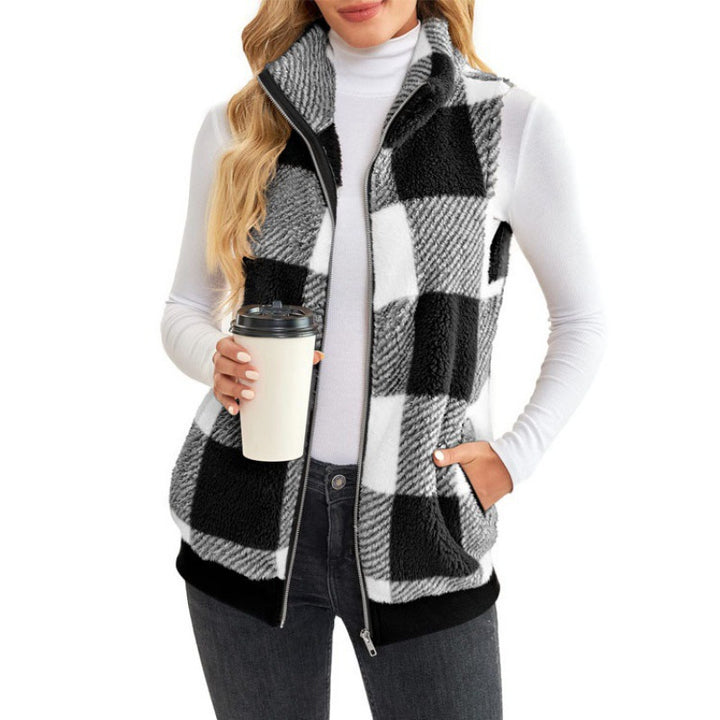 Ladies Checked Teddy Vest with Stand-Up Collar, Zipper and Side Pockets Mune Fashion