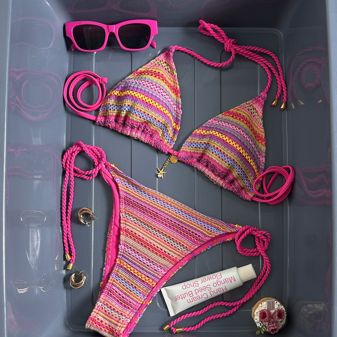 Ladies Braided Triangle Bikini with Colorful Crochet Pattern Mune Fashion