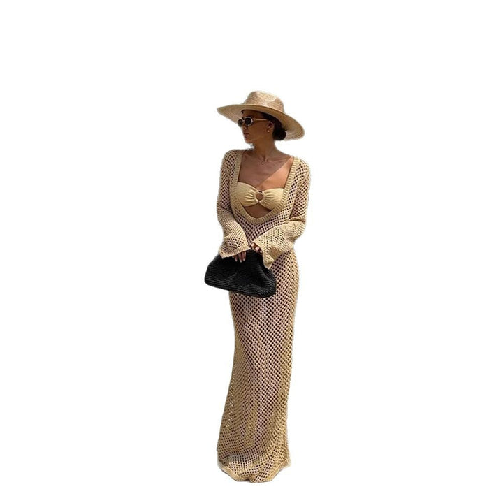 Women Open Crocheted Maxi Dress as Beach Cover-Up with Deep V and Long Sleeves Mune Fashion