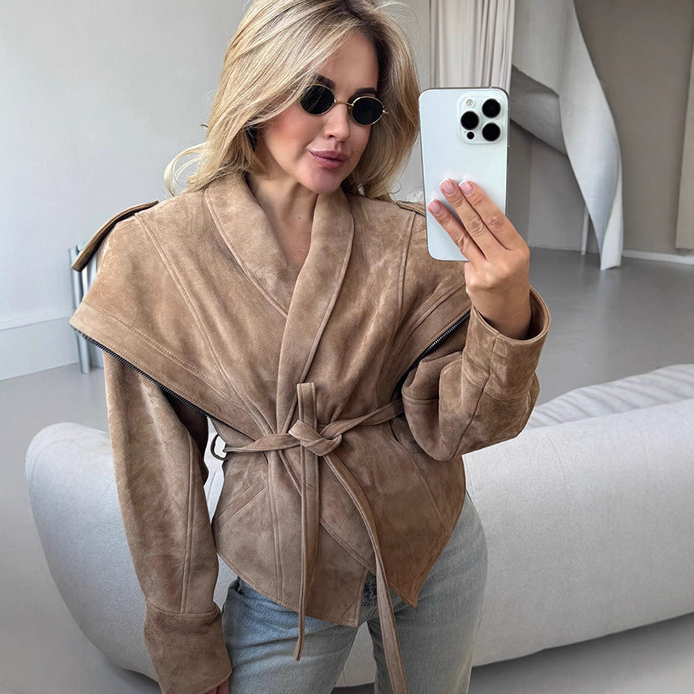Women's Suede Wrap Jacket with Wide Shawl Collar and Waist Belt Mune Fashion