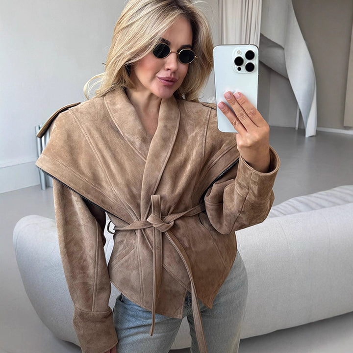 Women's Suede Wrap Jacket with Wide Shawl Collar and Waist Belt Mune Fashion