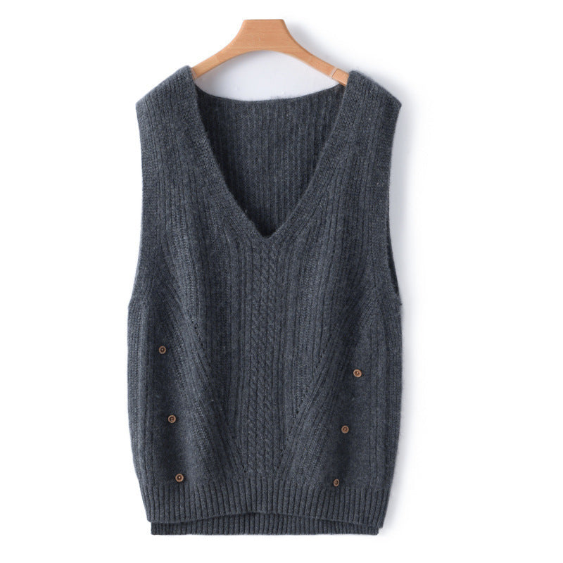 Women's Knit Long Vest with V-Neck, Cable Pattern and Side Button Placket Mune Fashion