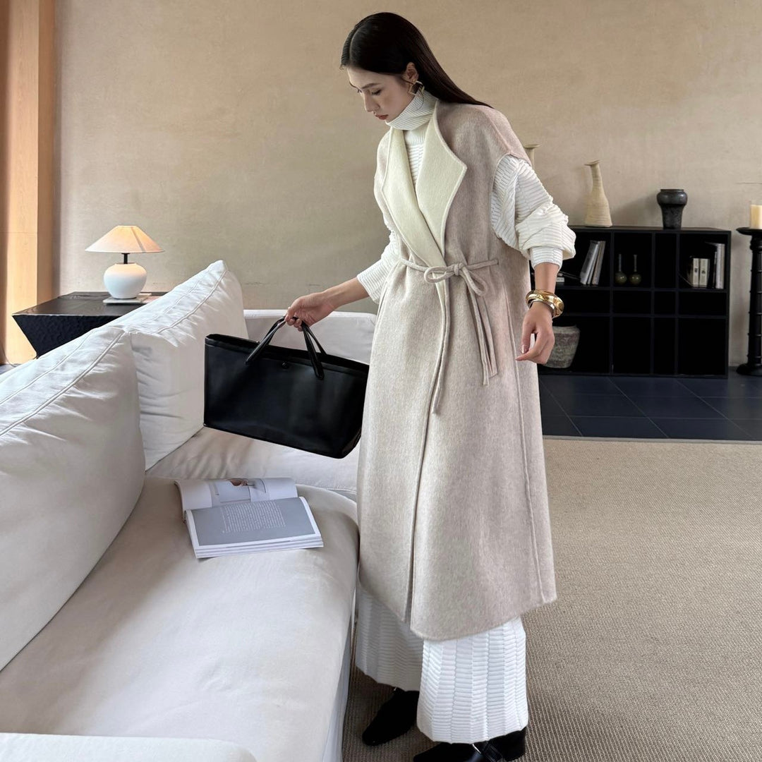 Women Maximal sleeveless wool coat with shawl collar and tie belt Mune Fashion