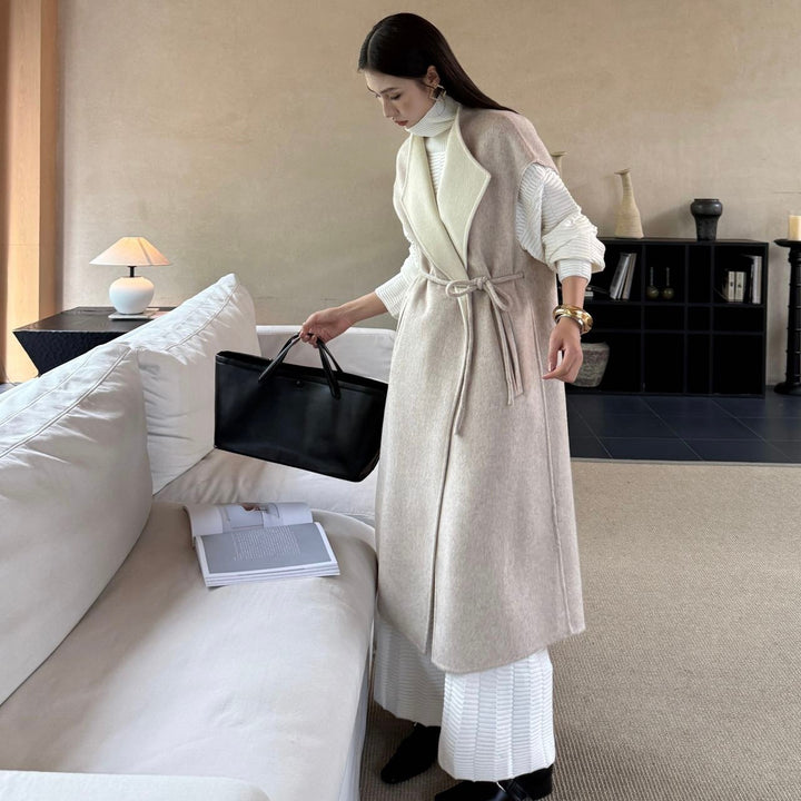 Women Maximal sleeveless wool coat with shawl collar and tie belt Mune Fashion