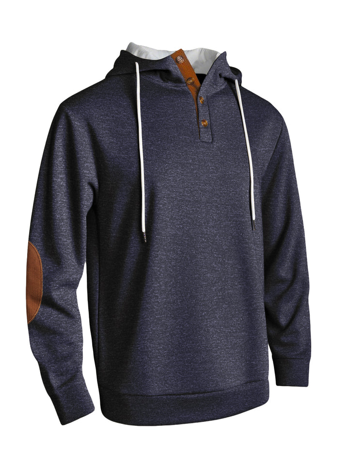 Men's hooded sweatshirt in a puristic leisure style with Henley button placket, contrasted hood interior, and elbow patches Mune Fashion