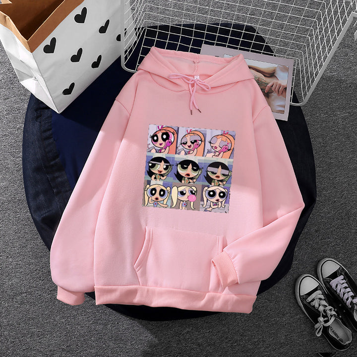 Women's casual hoodie with square cartoon collage print, soft fleece lining, and kangaroo pocket Mune Fashion