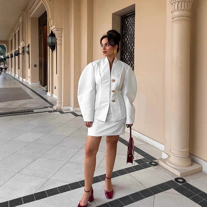 Women's Tailored Blazer Suit with Sculptural Balloon Sleeves and Mini Skirt Mune Fashion