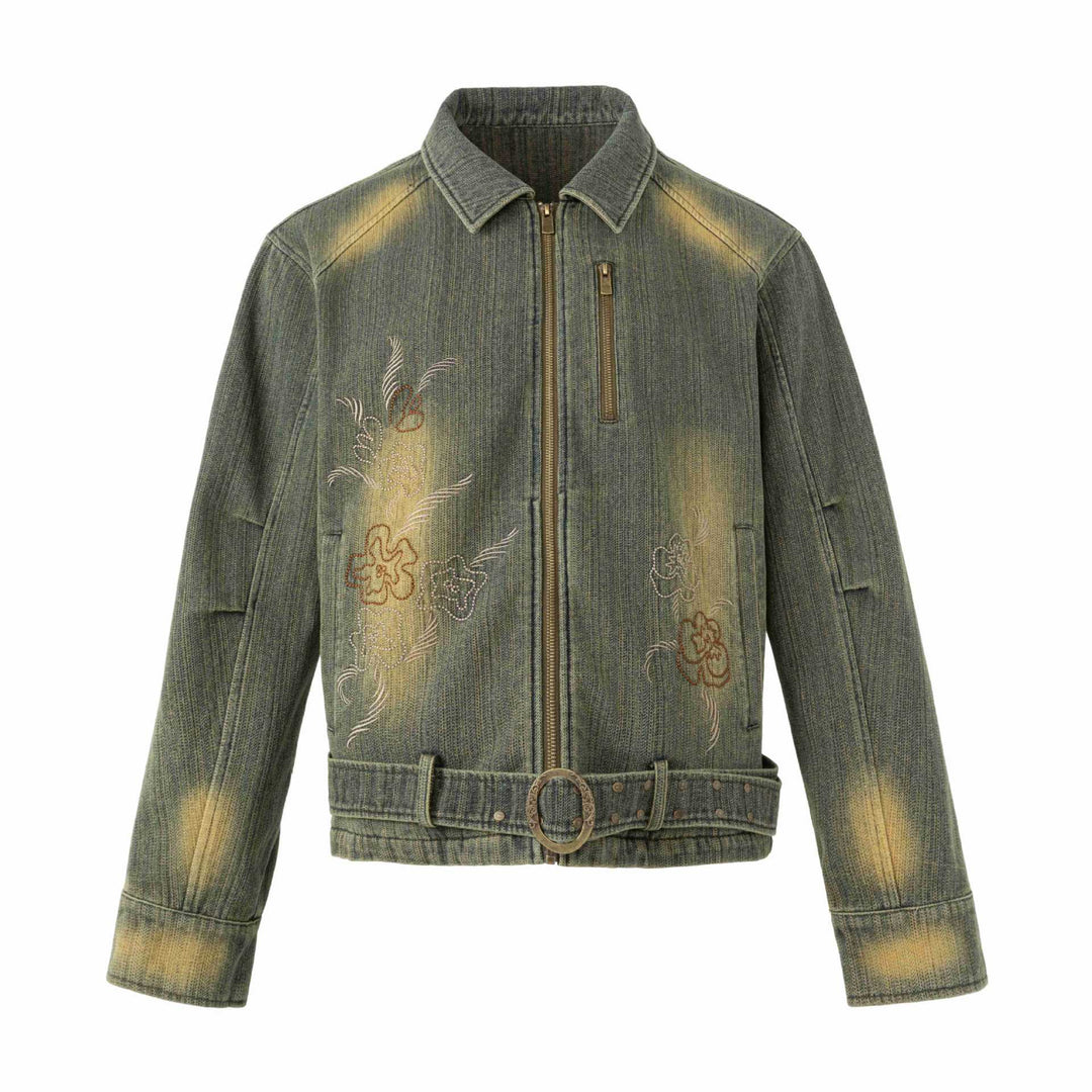 Women's Embroidered Short Denim Blouson Jacket with Waist Belt and Zipper Mune Fashion