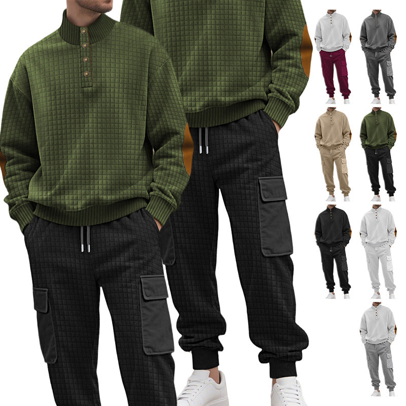Men's check relief sweat set with stand collar button placket, velour elbow patches and cargo jogger Mune Fashion