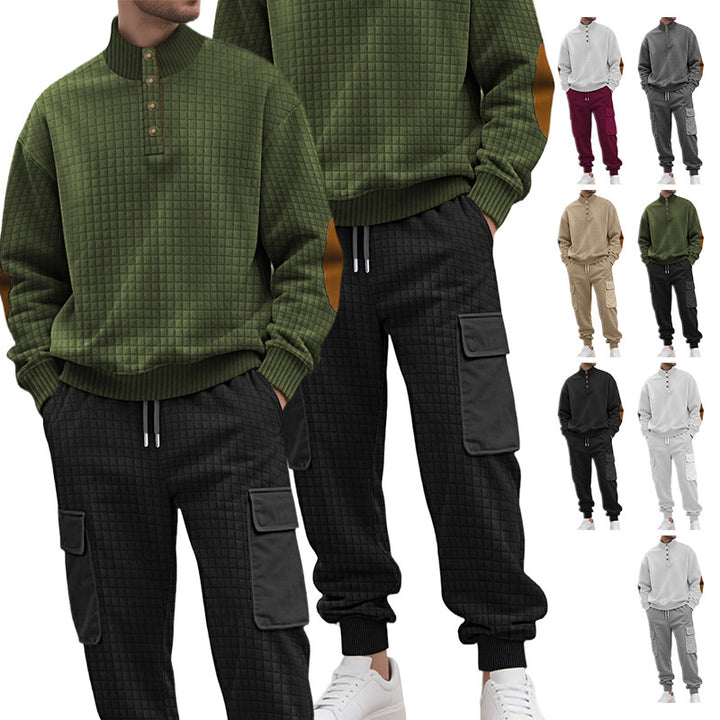 Men's check relief sweat set with stand collar button placket, velour elbow patches and cargo jogger Mune Fashion