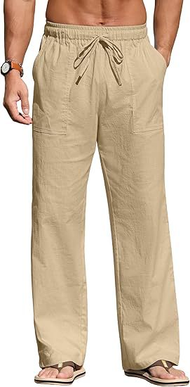Men's lightweight linen pants with elastic waistband, drawstring, and patch pockets Mune Fashion
