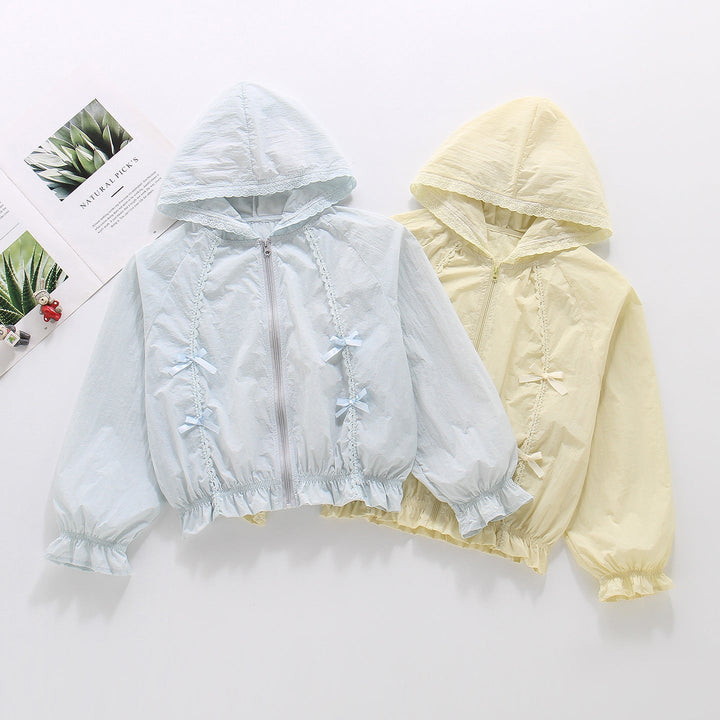 Women’s romantic hooded jacket with lace decor, decorative bows and gathered hem Mune Fashion