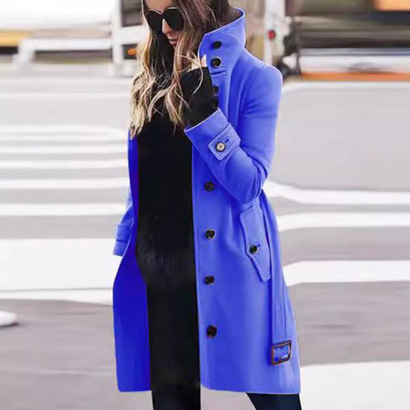 Women's tailored long coat with stand-up collar, concealed button placket and shaping seams Mune Fashion