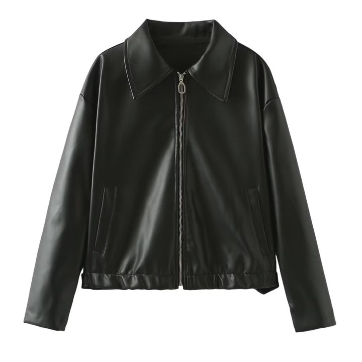Women Short Oversized Leather Look Jacket with Zipper, Hem Band and Kent Collar Mune Fashion